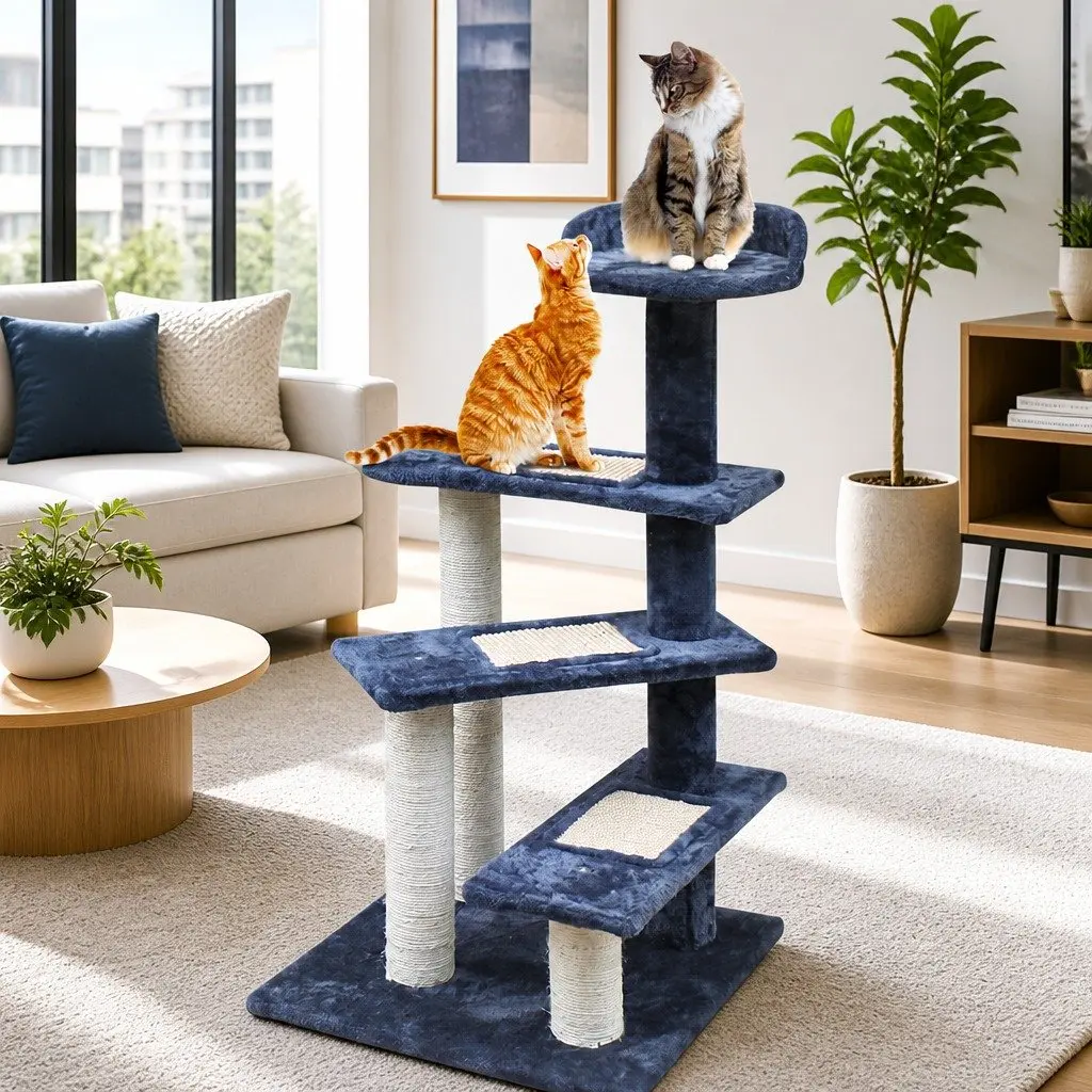 Cat Scratching Post Multi-Level Tower 100cm Dark Grey Plush Velvet Natural Sisal