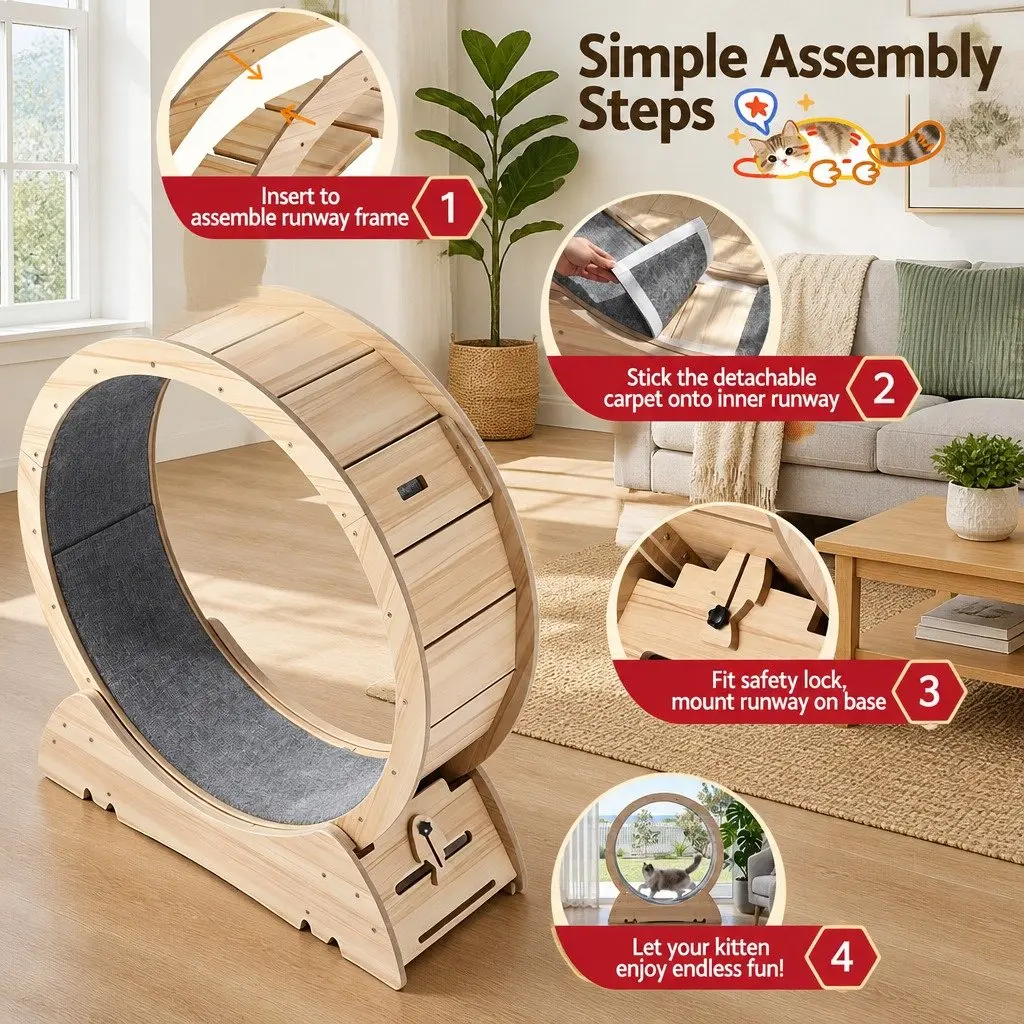 Wooden Cat Exercise Wheel 91cm Large Indoor Treadmill Pet Activity Equipment