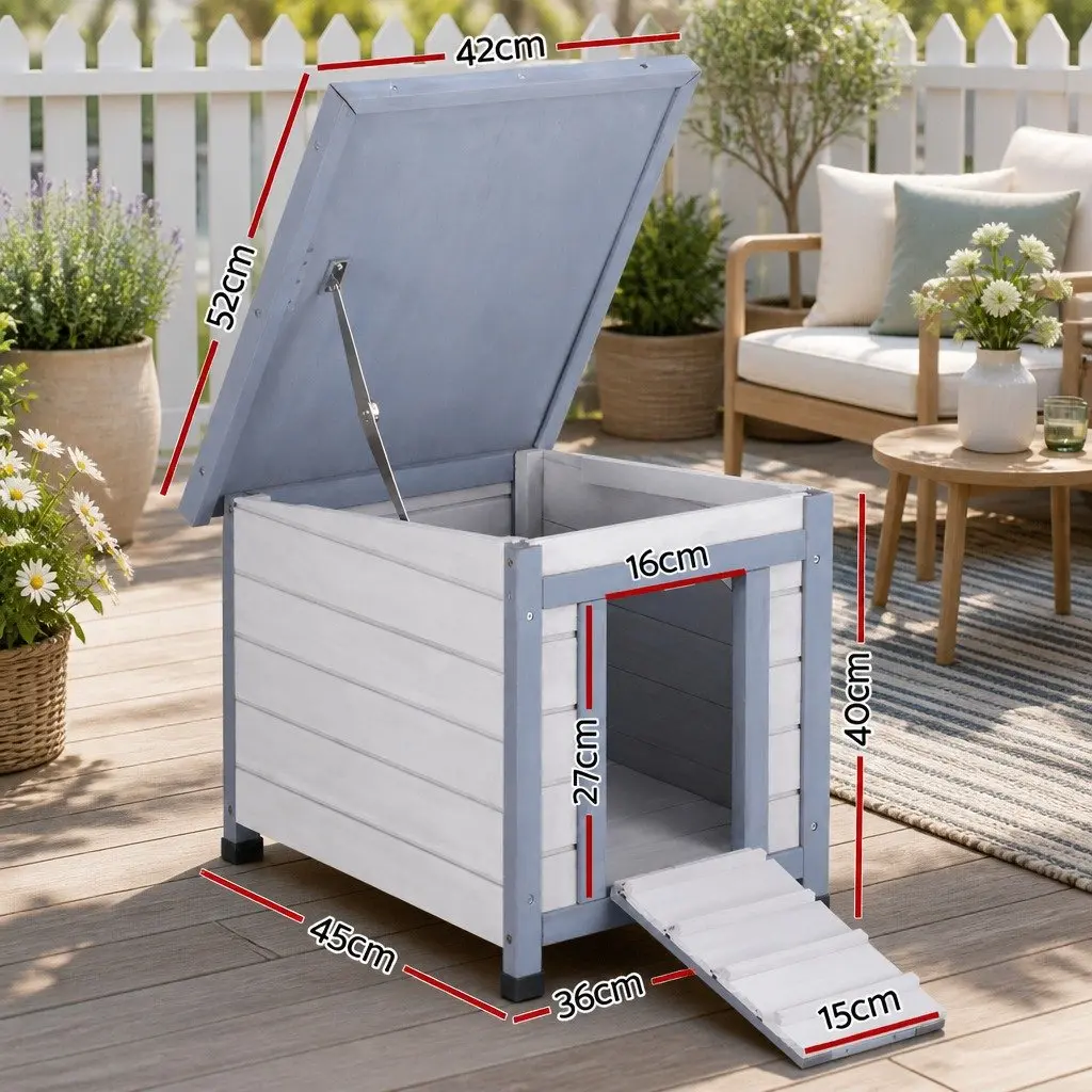 Outdoor Wooden Cat House Small Animal Shelter Enclosure 52cm Long 42cm Wide 40cm High White Grey
