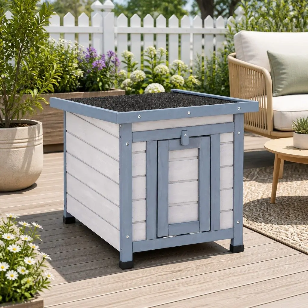 Outdoor Wooden Cat House Small Animal Shelter Enclosure 52cm Long 42cm Wide 40cm High White Grey