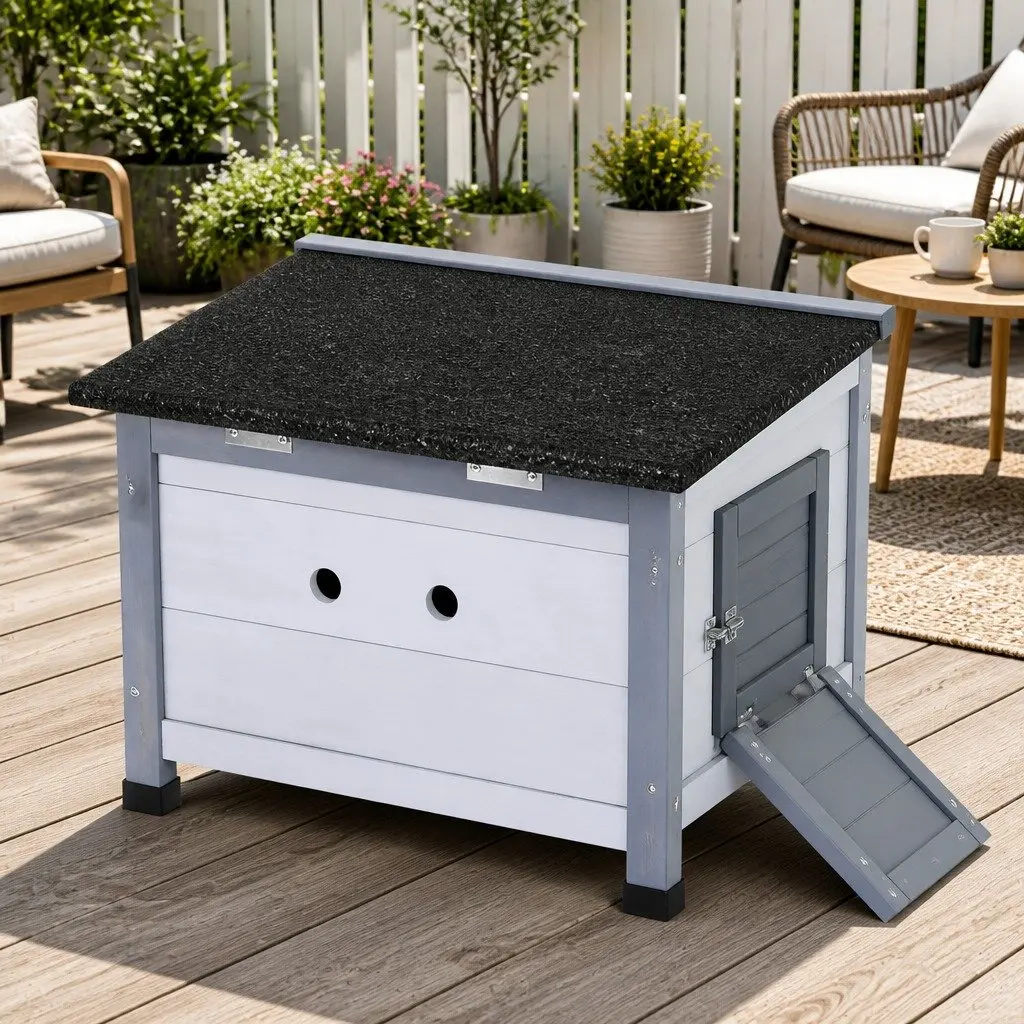 Outdoor Wooden Cat House Small Animal Shelter Enclosure 52cm Long 42cm Wide 40cm High White Grey