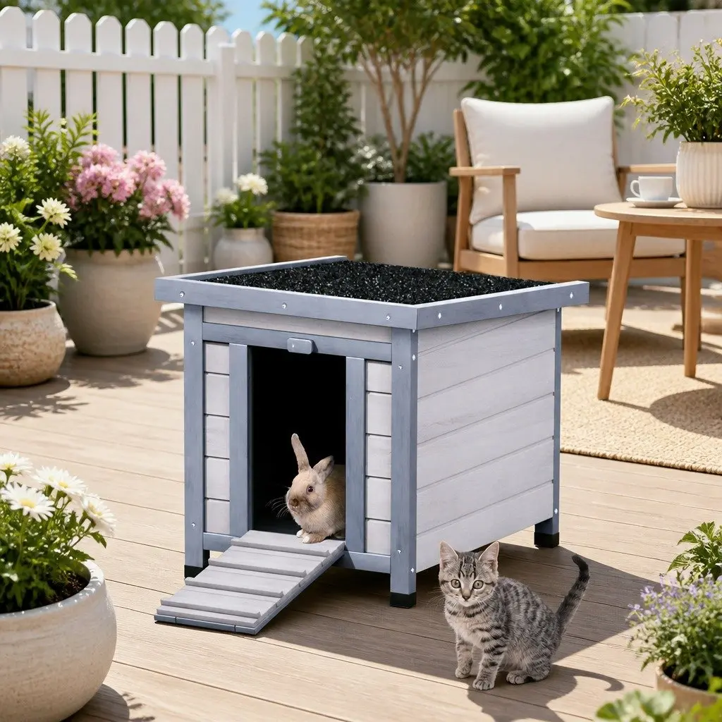 Outdoor Wooden Cat House Small Animal Shelter Enclosure 52cm Long 42cm Wide 40cm High White Grey