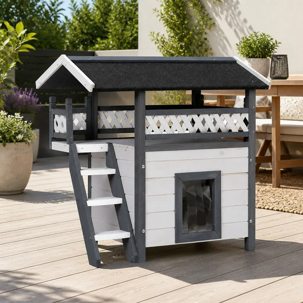 Wooden Pet Hutch Double Tier Rabbit Shelter 77cm Grey White