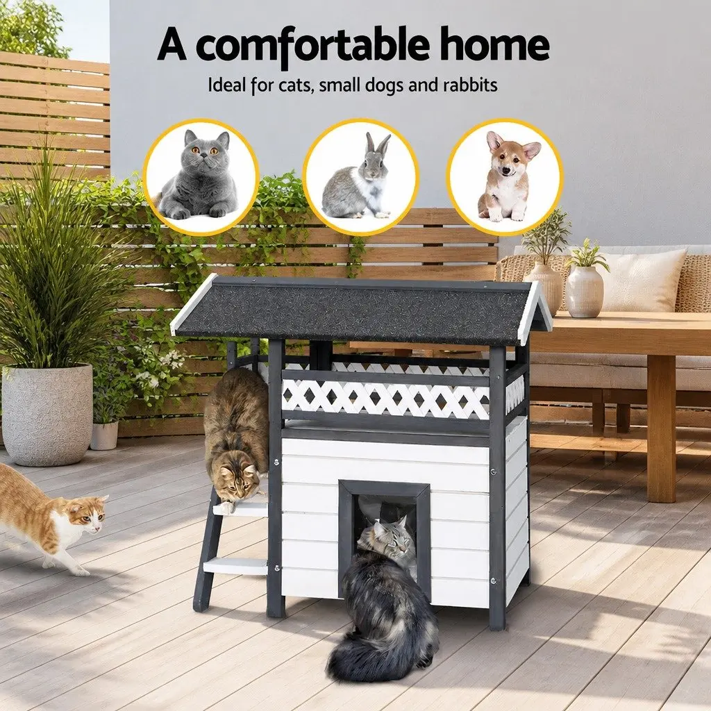 Wooden Pet Hutch Double Tier Rabbit Shelter 77cm Grey White
