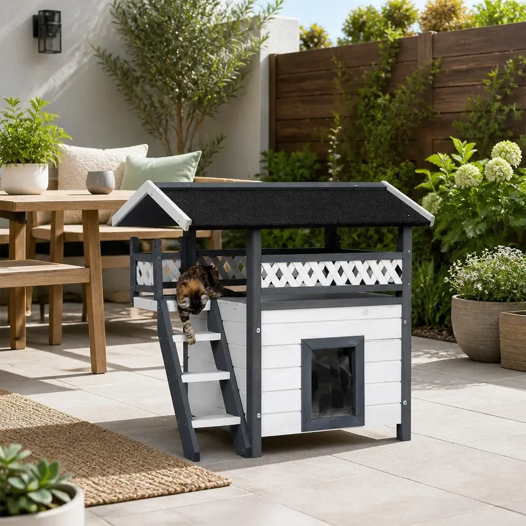 Wooden Pet Hutch Double Tier Rabbit Shelter 77cm Grey White