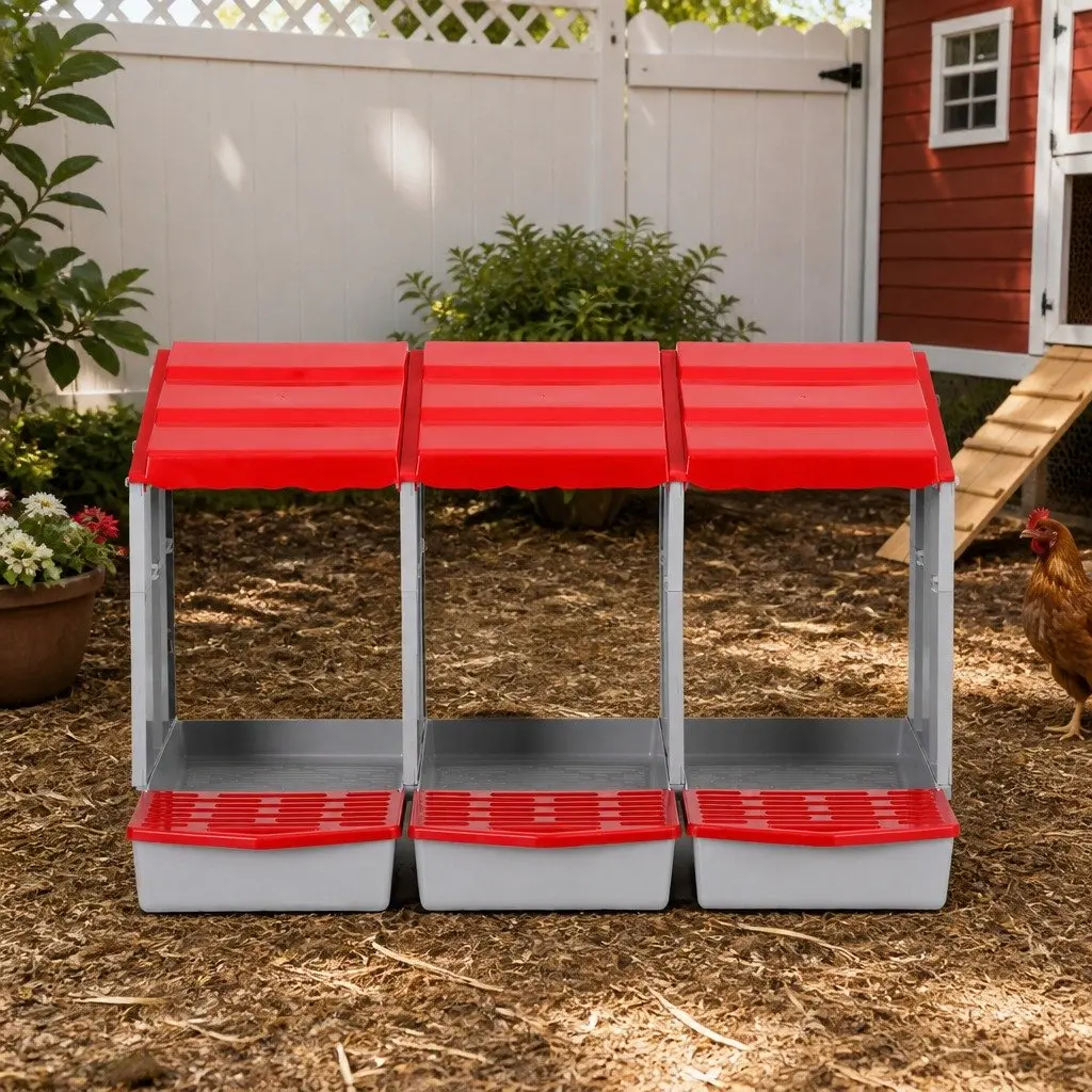3 Hole Chicken Nesting Box Plastic Roll Away Egg Collection Red