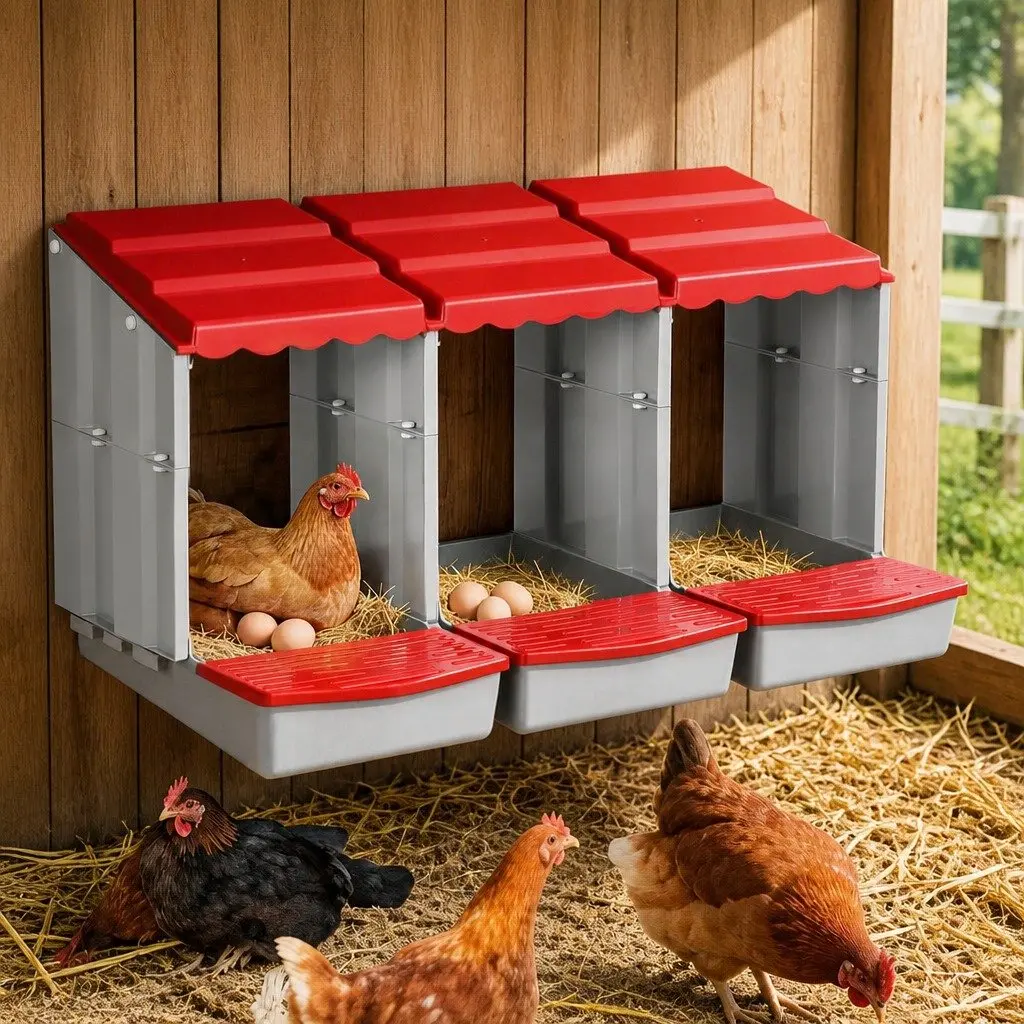 3 Hole Chicken Nesting Box Plastic Roll Away Egg Collection Red