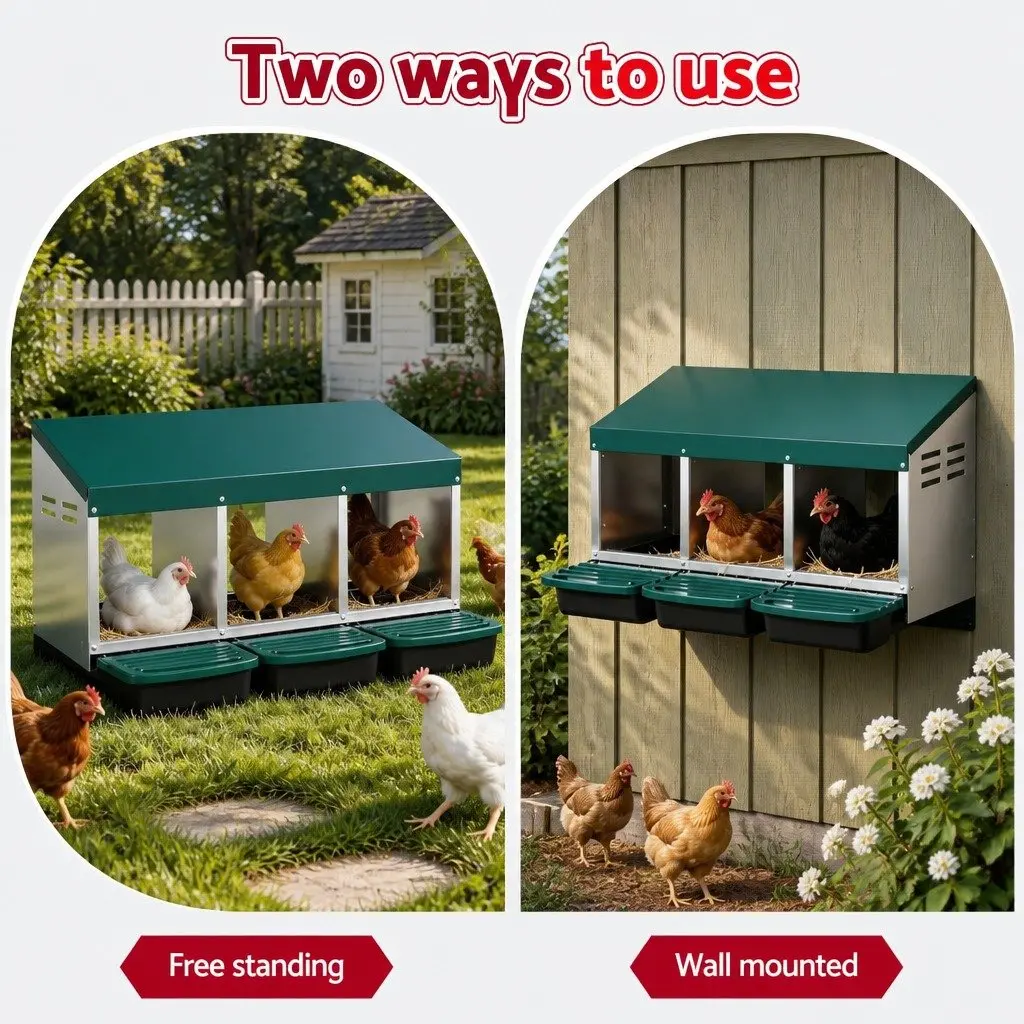 Chicken Nesting Box Galvanized Metal 3 Hole Wall Mounted Green