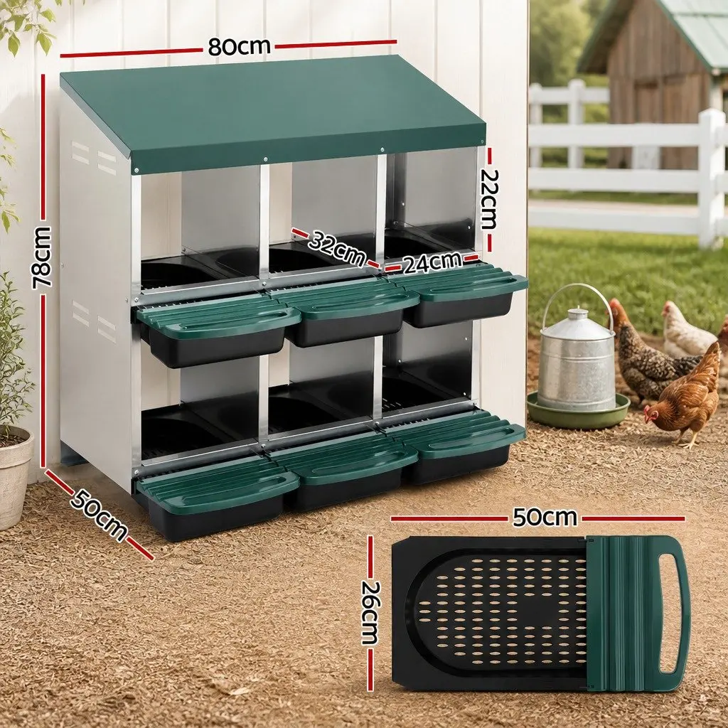 Chicken Nesting Box Wall Mounted Green 6 Hole Roll Away Automatic Egg Collection Galvanized Sheet Metal Construction 80cm x 50cm x 78cm