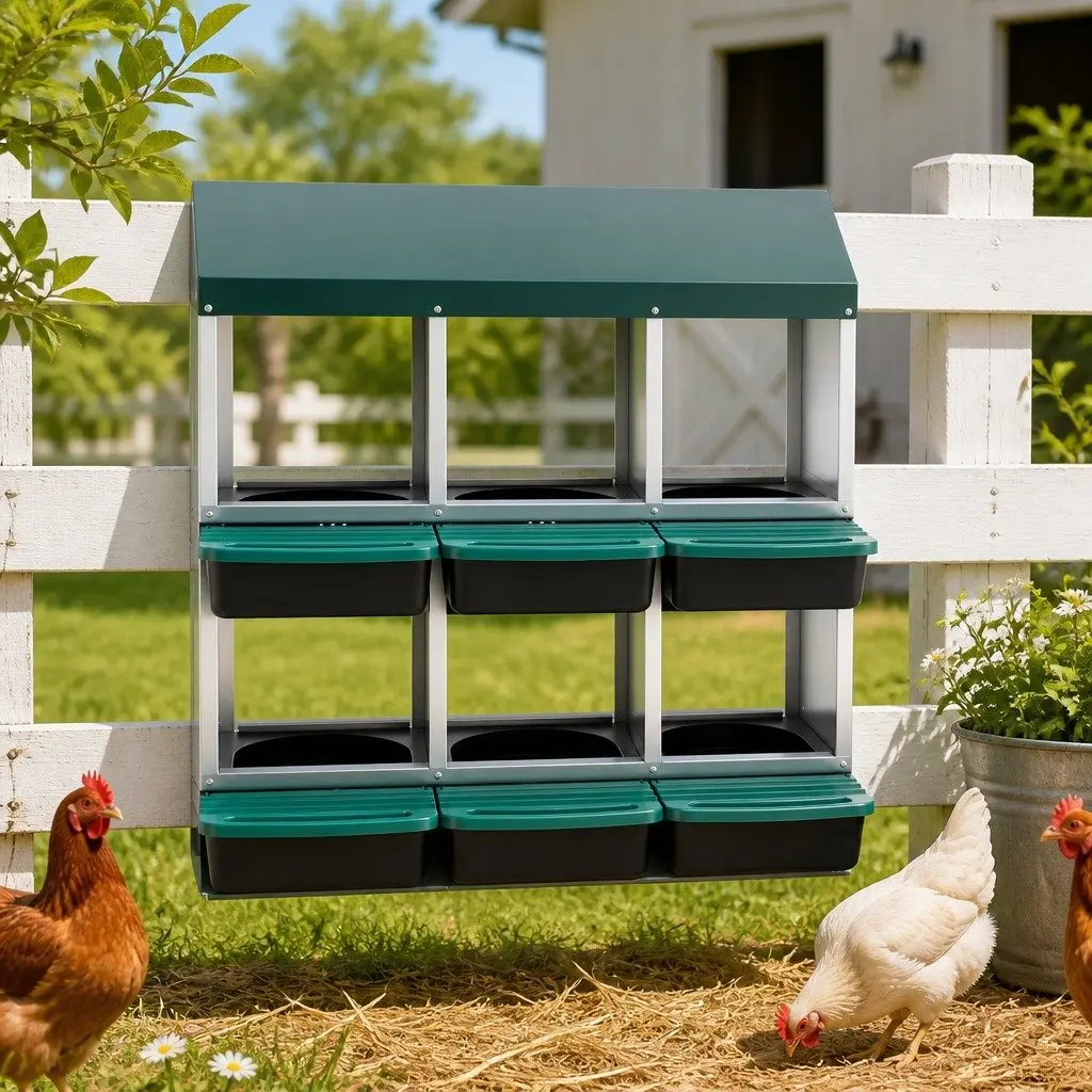 Chicken Nesting Box Wall Mounted Green 6 Hole Roll Away Automatic Egg Collection Galvanized Sheet Metal Construction 80cm x 50cm x 78cm