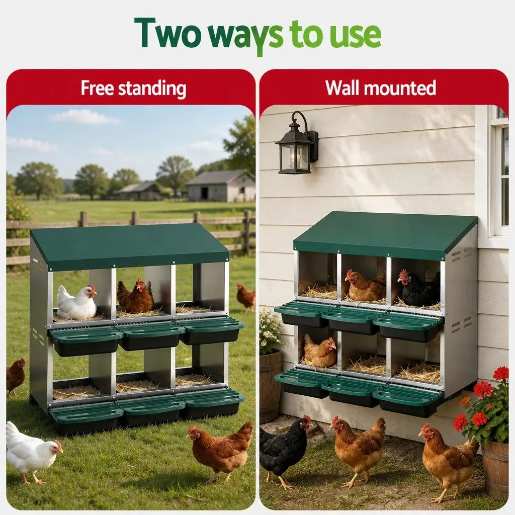 Chicken Nesting Box Wall Mounted Green 6 Hole Roll Away Automatic Egg Collection Galvanized Sheet Metal Construction 80cm x 50cm x 78cm