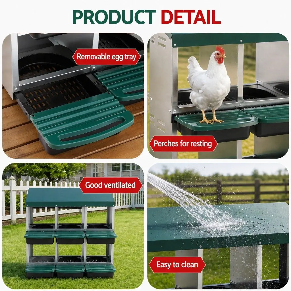 Chicken Nesting Box Wall Mounted Green 6 Hole Roll Away Automatic Egg Collection Galvanized Sheet Metal Construction 80cm x 50cm x 78cm