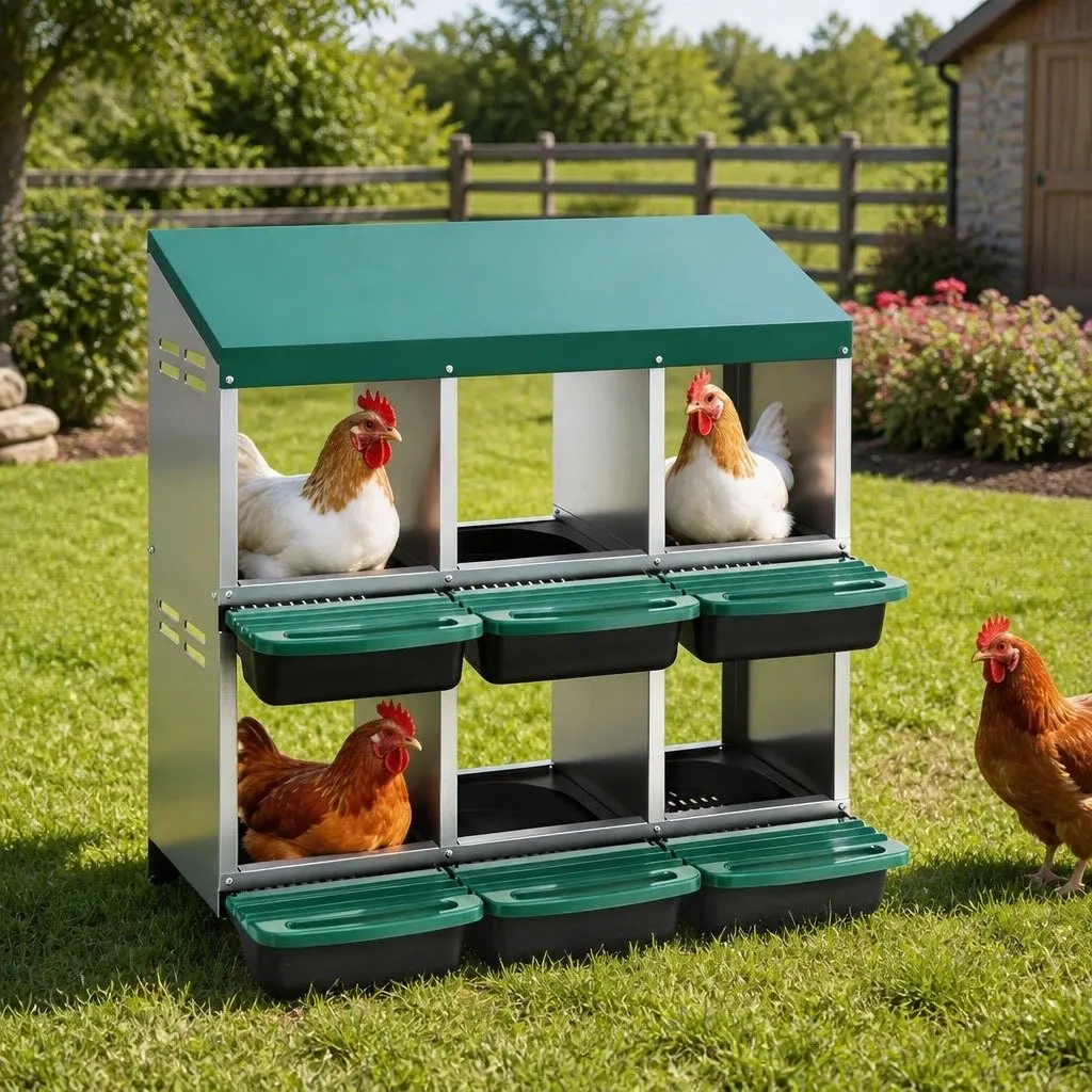 Chicken Nesting Box Wall Mounted Green 6 Hole Roll Away Automatic Egg Collection Galvanized Sheet Metal Construction 80cm x 50cm x 78cm