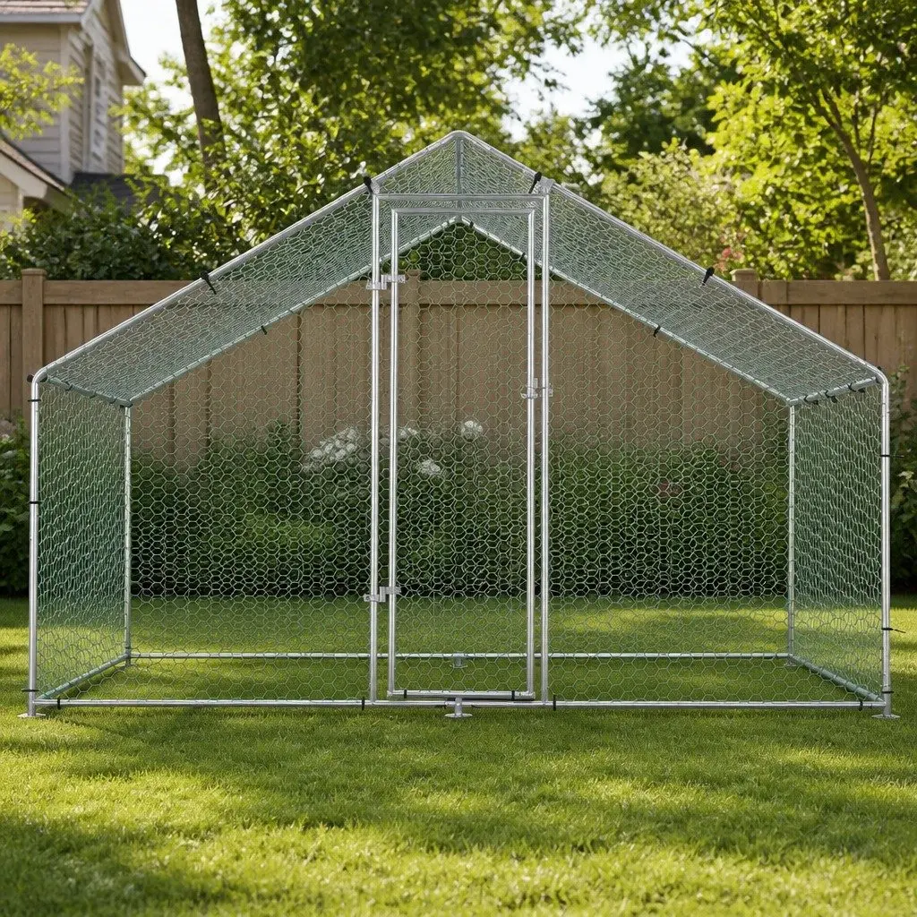 Large Outdoor Pet Enclosure Walk-in Chicken Coop Rabbit Hutch Run Galvanised Steel 3x2x2m Silver