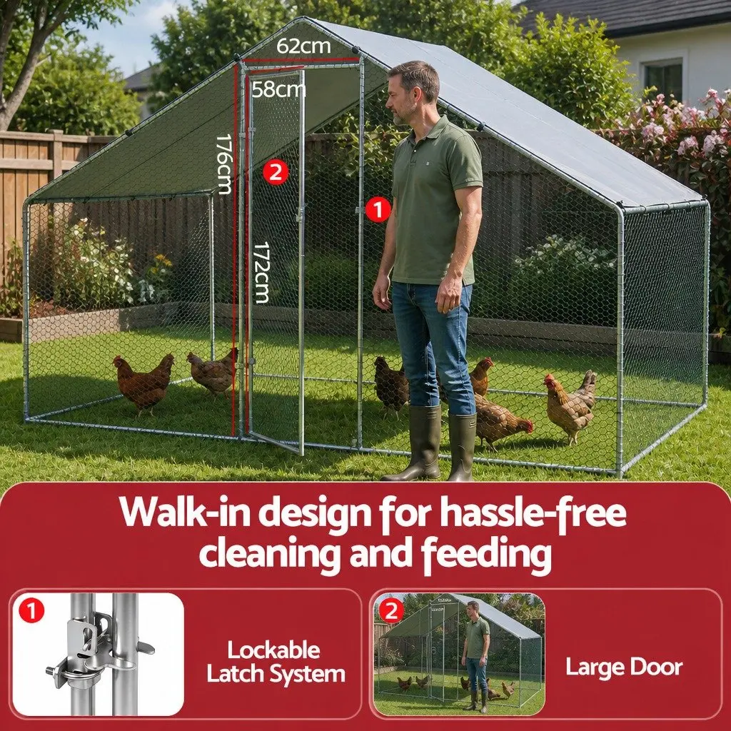 Large Outdoor Pet Enclosure Walk-in Chicken Coop Rabbit Hutch Run Galvanised Steel 3x2x2m Silver