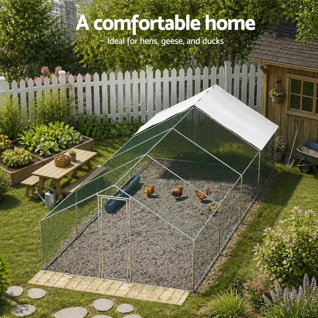 Chicken Coop Galvanised Steel 3x8x2m Silver Poultry Pet Housing Run