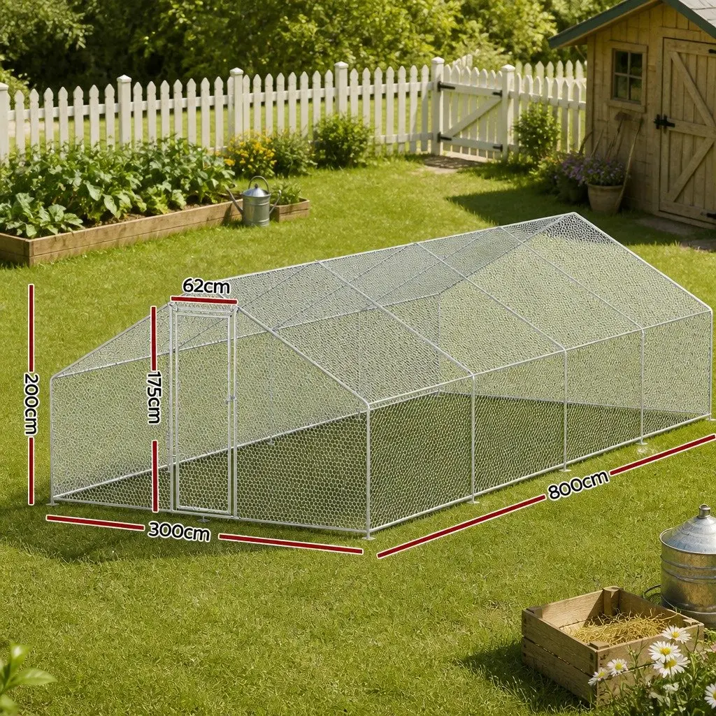 Chicken Coop Galvanised Steel 3x8x2m Silver Poultry Pet Housing Run