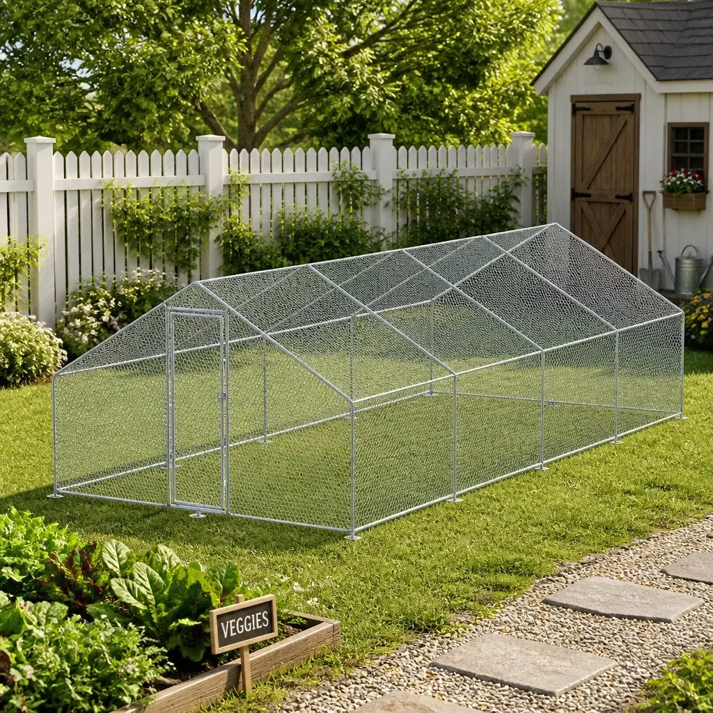 Chicken Coop Galvanised Steel 3x8x2m Silver Poultry Pet Housing Run