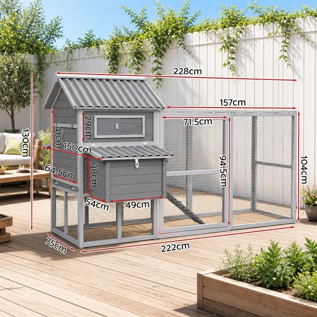 Large Wooden Chicken Coop Rabbit Hutch Outdoor Grey and White 228cm x 150cm x 130cm