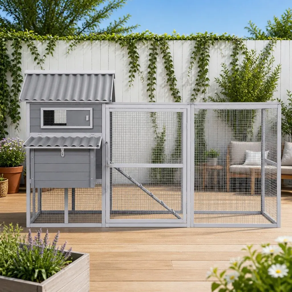 Large Wooden Chicken Coop Rabbit Hutch Outdoor Grey and White 228cm x 150cm x 130cm