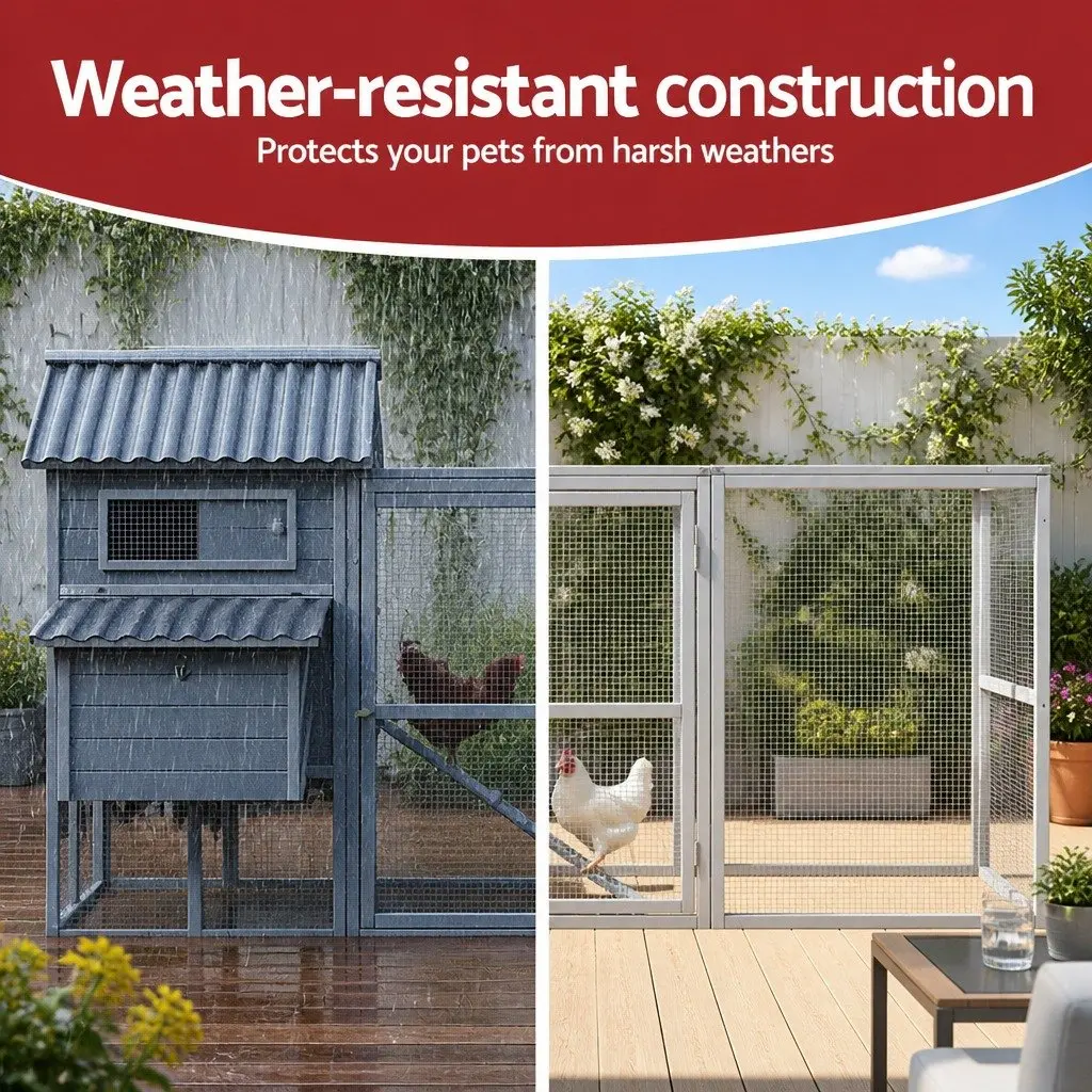 Large Wooden Chicken Coop Rabbit Hutch Outdoor Grey and White 228cm x 150cm x 130cm