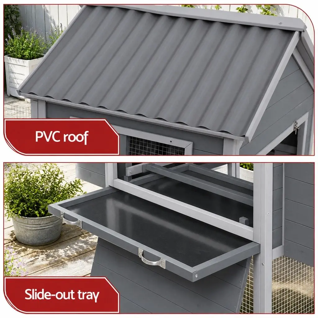 Large Wooden Chicken Coop Rabbit Hutch Outdoor Grey and White 228cm x 150cm x 130cm
