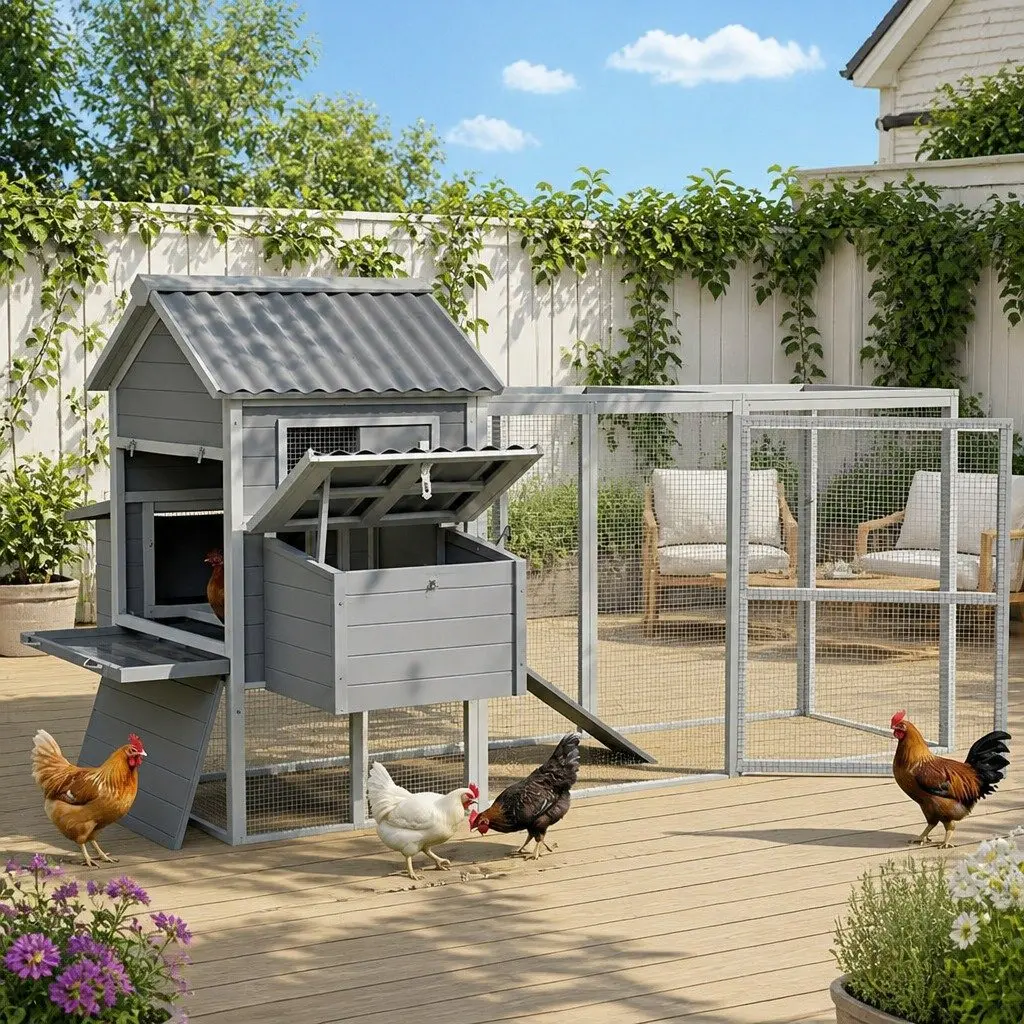 Large Wooden Chicken Coop Rabbit Hutch Outdoor Grey and White 228cm x 150cm x 130cm