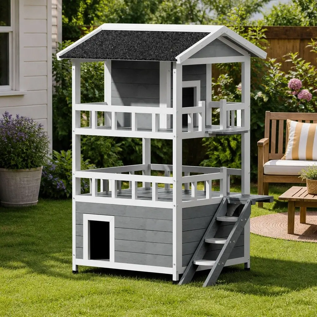 Wooden Cat House Small Animal Shelter Outdoor Indoor Fir Wood Grey or White