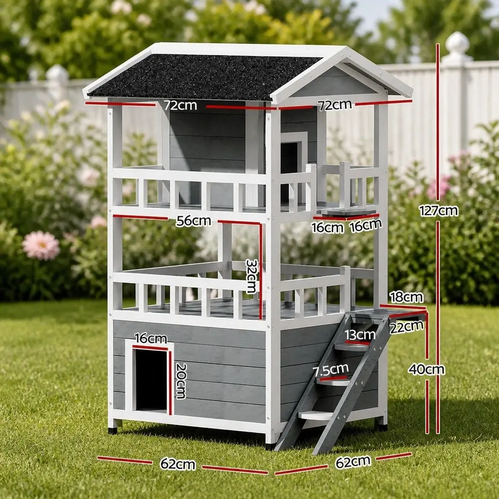 Wooden Cat House Small Animal Shelter Outdoor Indoor Fir Wood Grey or White