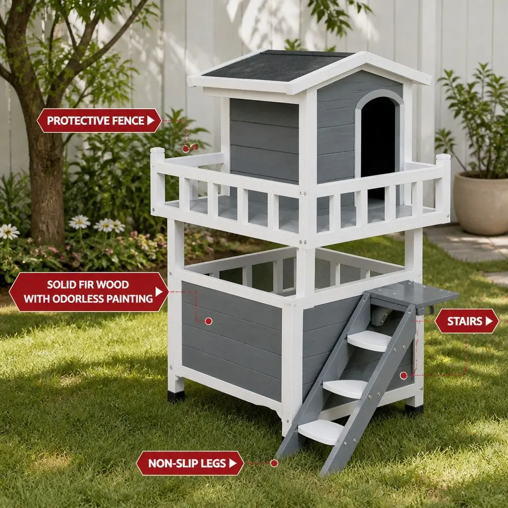 Wooden Cat House Small Animal Shelter Outdoor Indoor Fir Wood Grey or White