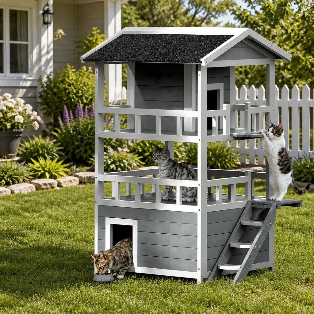 Wooden Cat House Small Animal Shelter Outdoor Indoor Fir Wood Grey or White