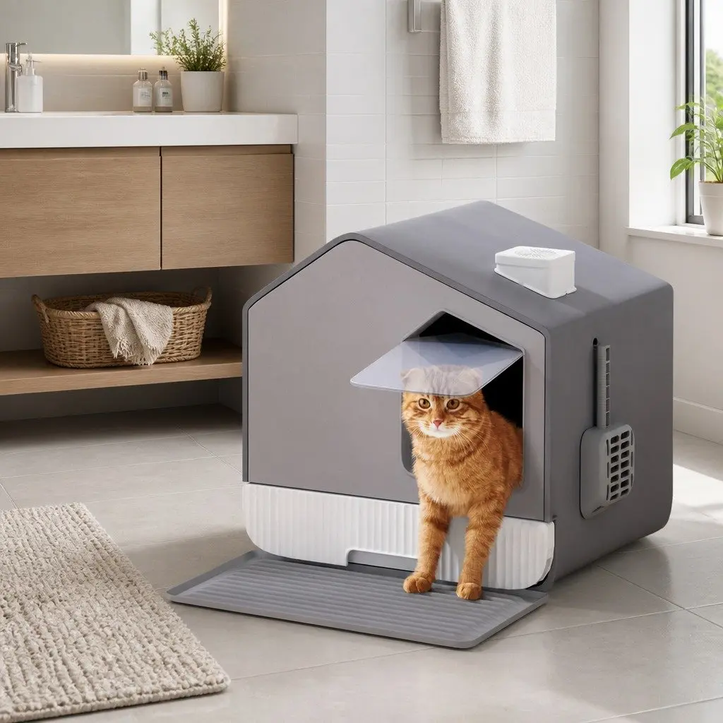 Cat Litter Box Enclosed Plastic House-Shaped Grey 44cm x 40cm x 45cm with Flap Door and Waterproof Mat