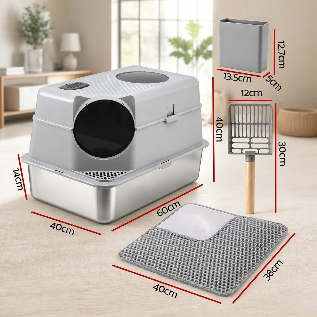 Cat Litter Box Stainless Steel High Sided Light Grey with Cat Litter Mat and Scoop Kit