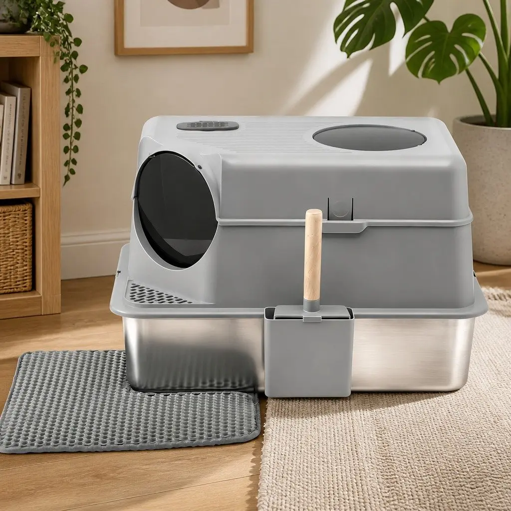 Cat Litter Box Stainless Steel High Sided Light Grey with Cat Litter Mat and Scoop Kit