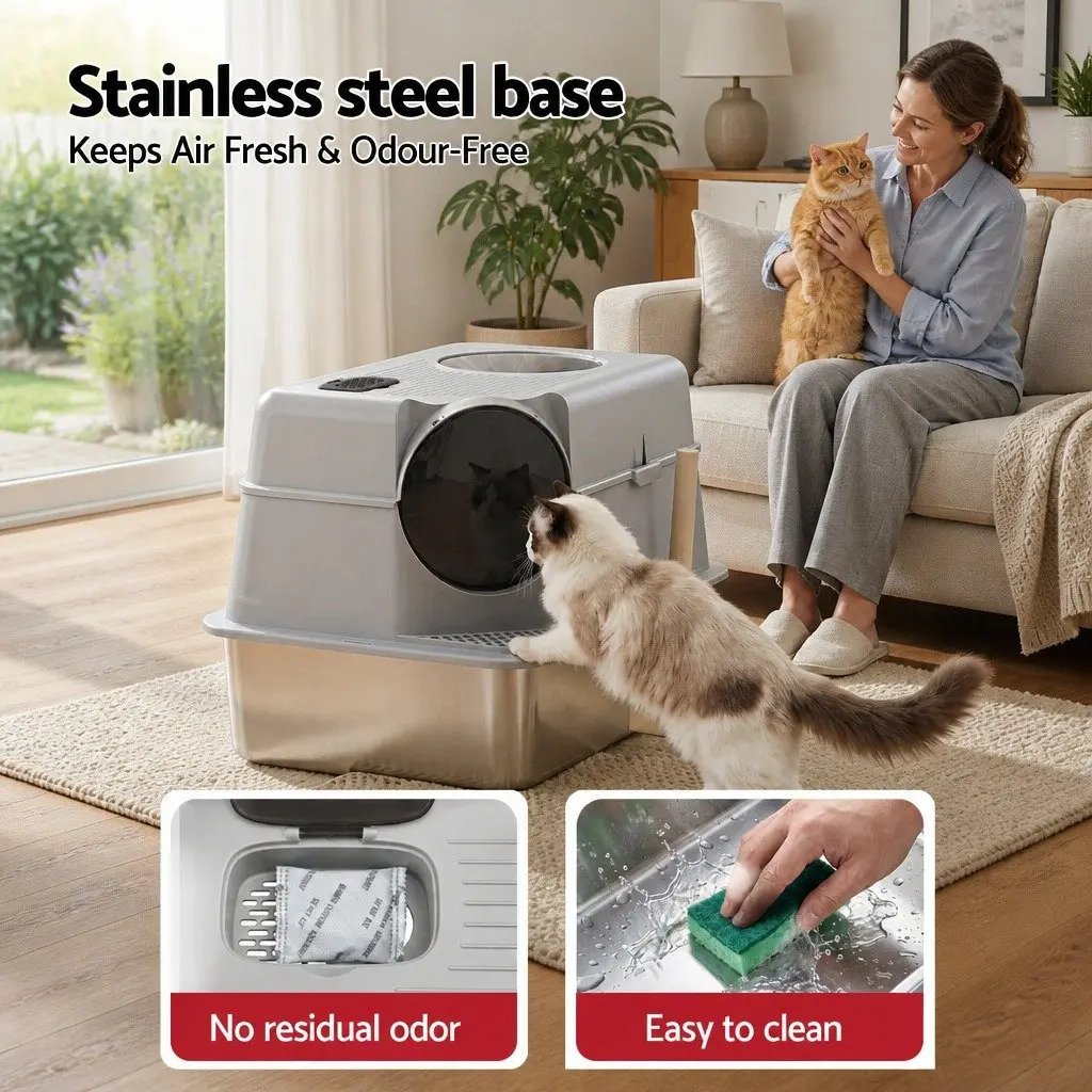 Cat Litter Box Stainless Steel High Sided Light Grey with Cat Litter Mat and Scoop Kit
