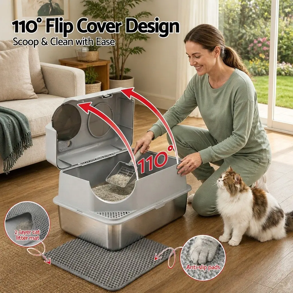 Cat Litter Box Stainless Steel High Sided Light Grey with Cat Litter Mat and Scoop Kit