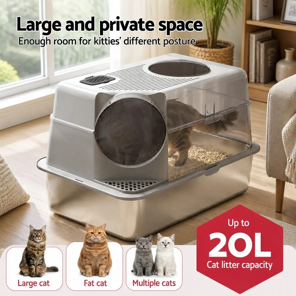 Cat Litter Box Stainless Steel High Sided Light Grey with Cat Litter Mat and Scoop Kit