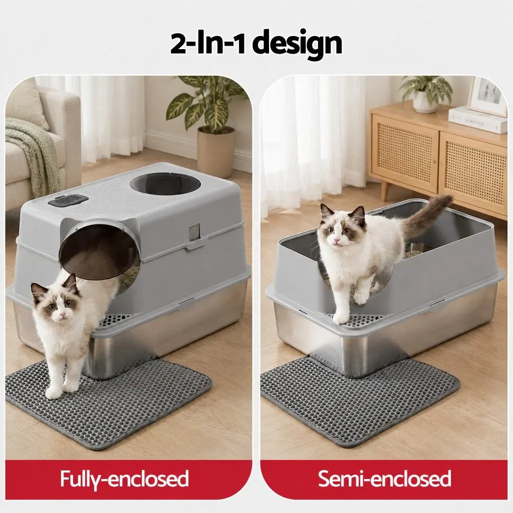 Cat Litter Box Stainless Steel High Sided Light Grey with Cat Litter Mat and Scoop Kit