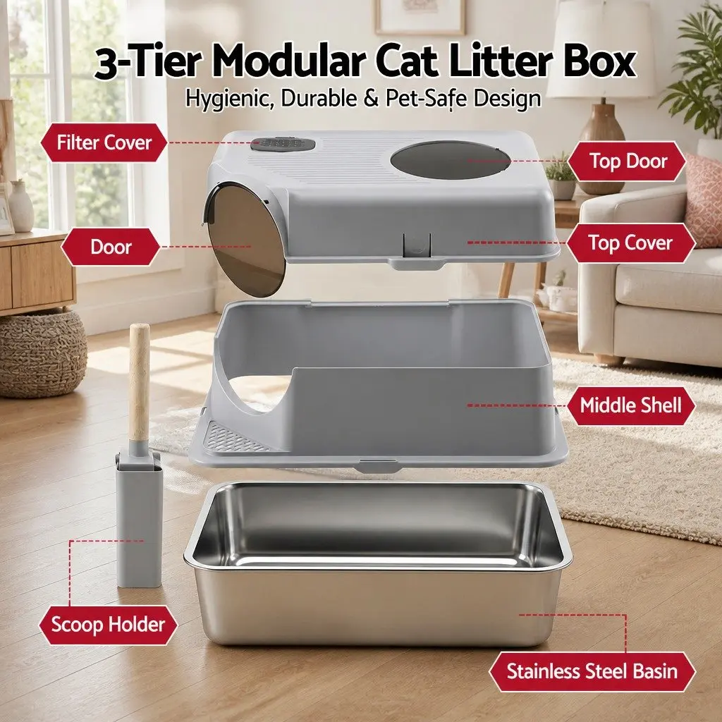 Cat Litter Box Stainless Steel High Sided Light Grey with Cat Litter Mat and Scoop Kit