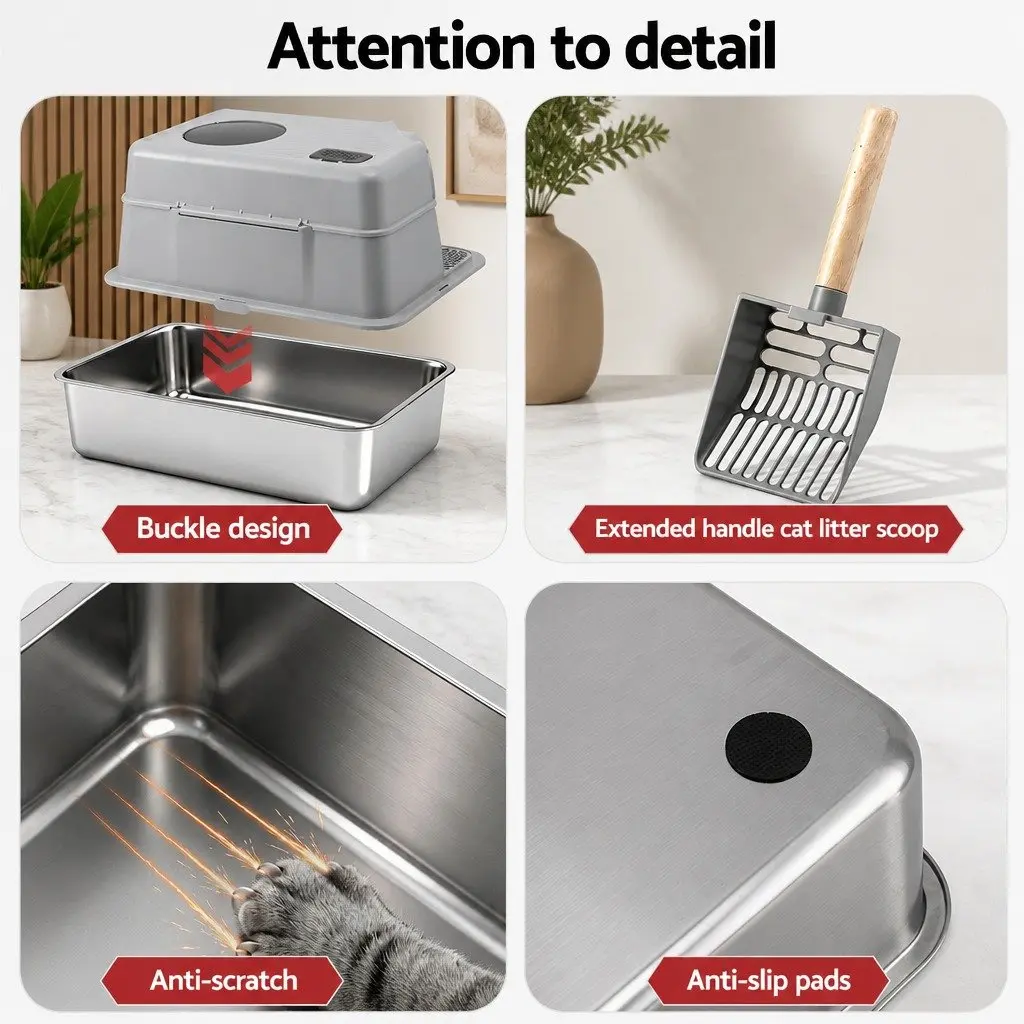 Cat Litter Box Stainless Steel High Sided Light Grey with Cat Litter Mat and Scoop Kit