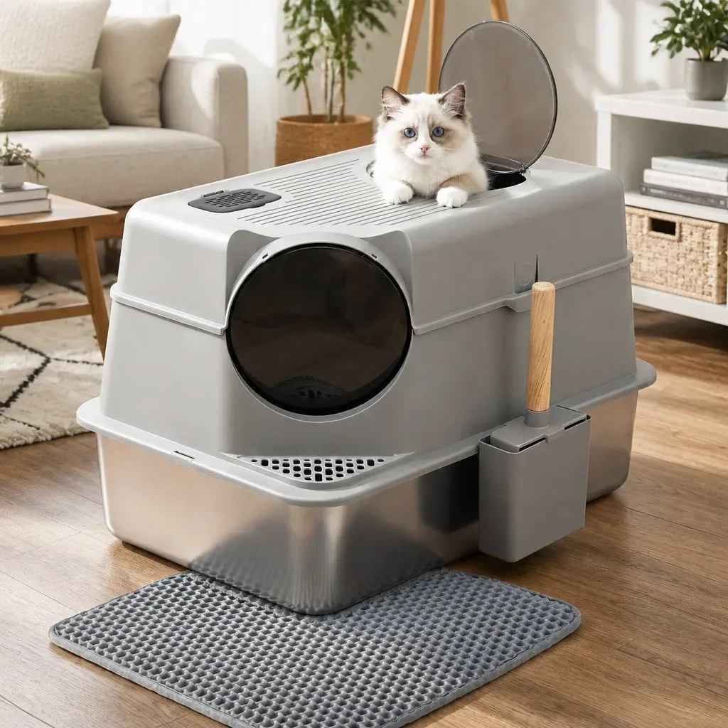 Cat Litter Box Stainless Steel High Sided Light Grey with Cat Litter Mat and Scoop Kit