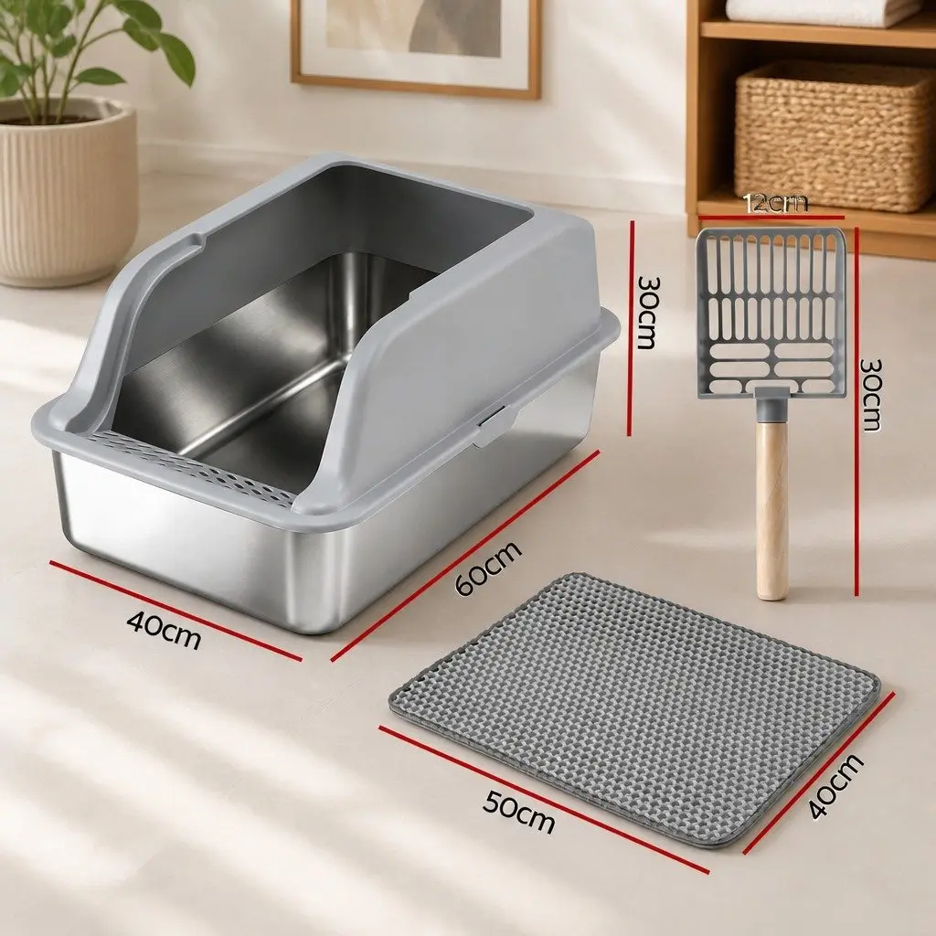 Large Semi-Enclosed Cat Litter Box Stainless Steel High Sided Light Grey with Anti-Slip Pad and Extended Handle Scoop