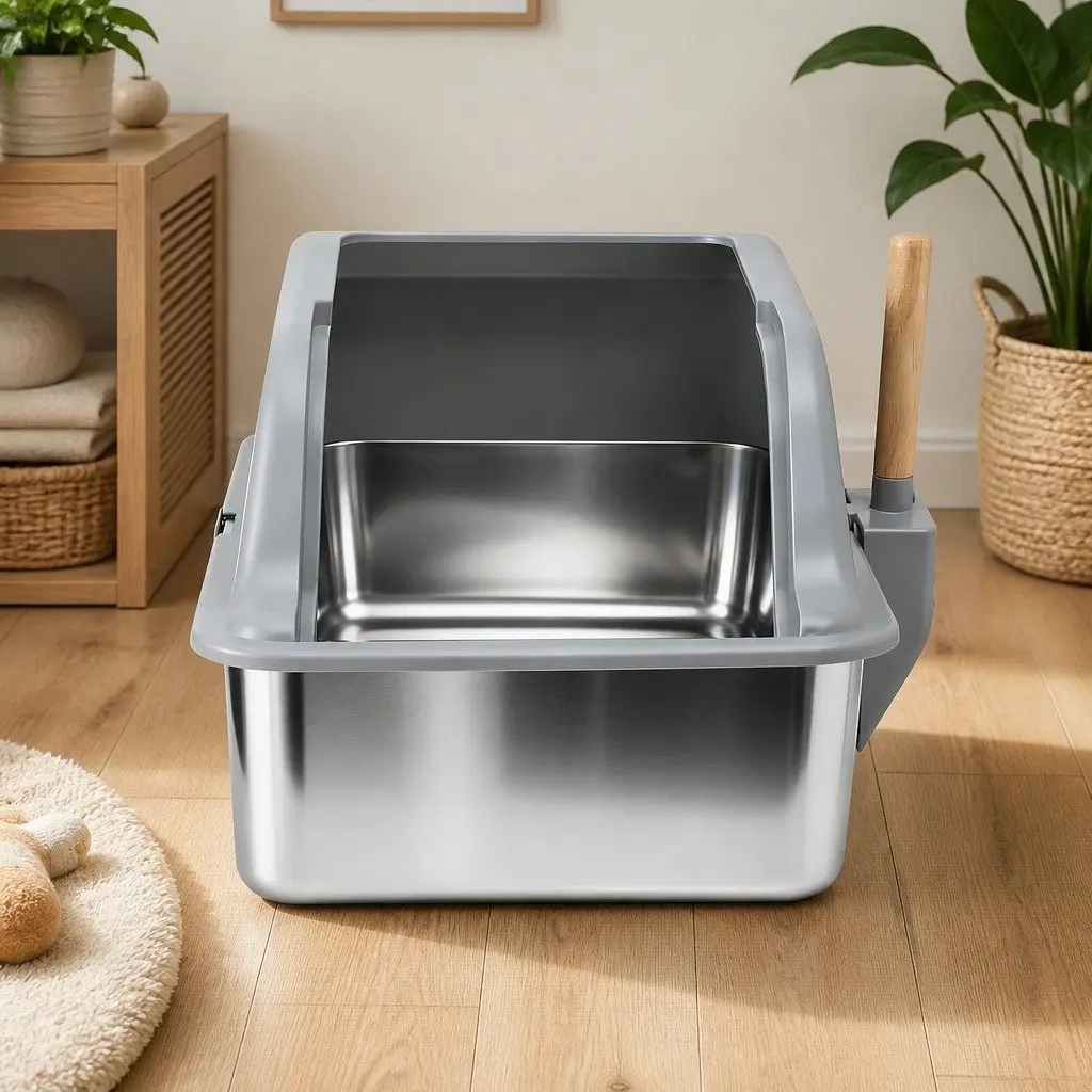 Large Semi-Enclosed Cat Litter Box Stainless Steel High Sided Light Grey with Anti-Slip Pad and Extended Handle Scoop