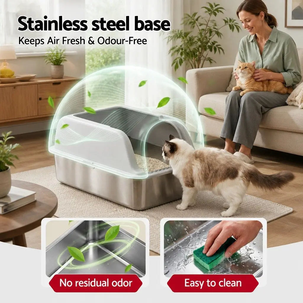 Large Semi-Enclosed Cat Litter Box Stainless Steel High Sided Light Grey with Anti-Slip Pad and Extended Handle Scoop