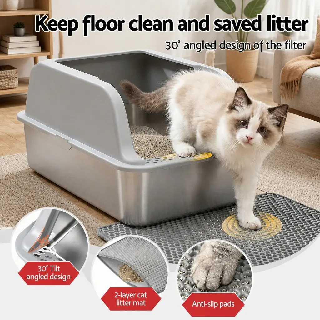 Large Semi-Enclosed Cat Litter Box Stainless Steel High Sided Light Grey with Anti-Slip Pad and Extended Handle Scoop