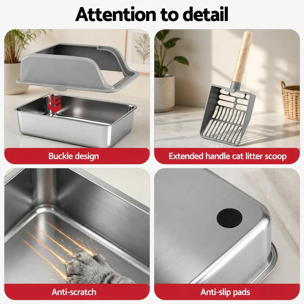 Large Semi-Enclosed Cat Litter Box Stainless Steel High Sided Light Grey with Anti-Slip Pad and Extended Handle Scoop