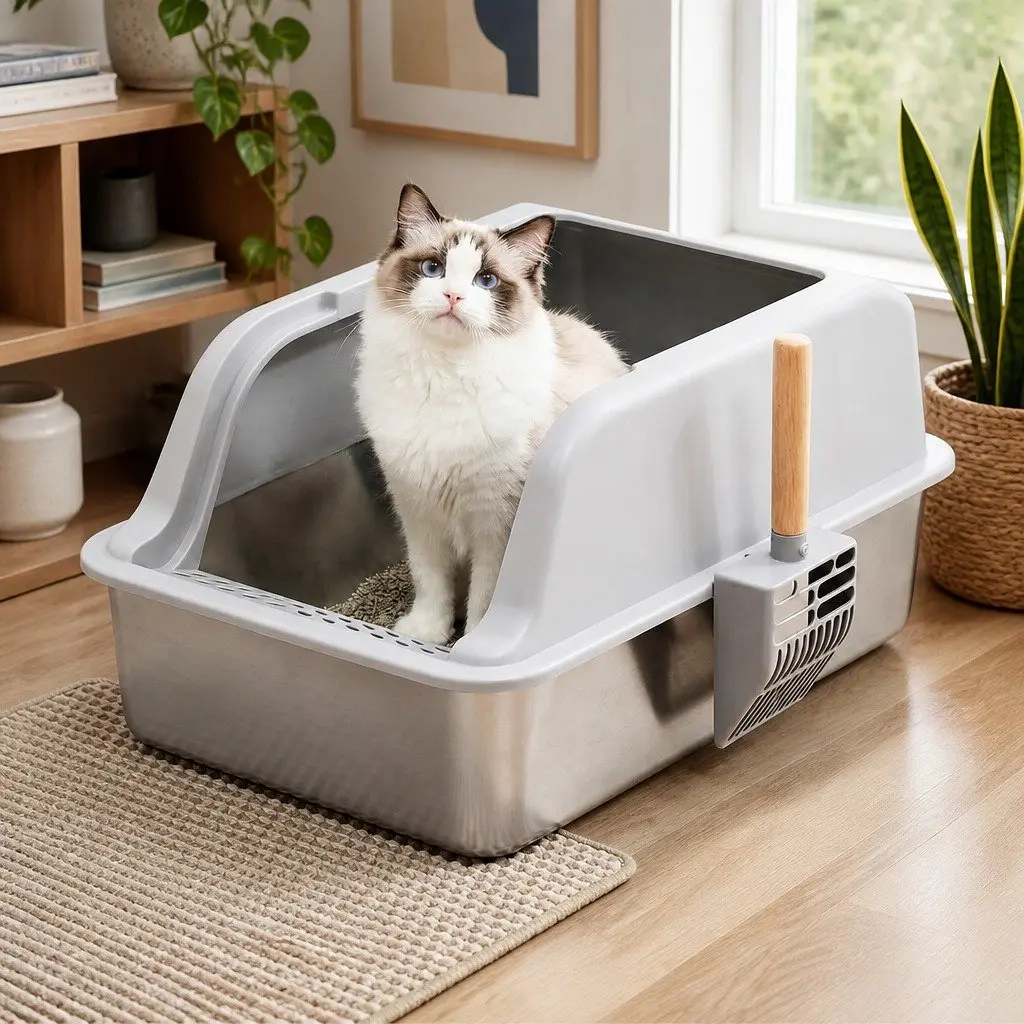 Large Semi-Enclosed Cat Litter Box Stainless Steel High Sided Light Grey with Anti-Slip Pad and Extended Handle Scoop