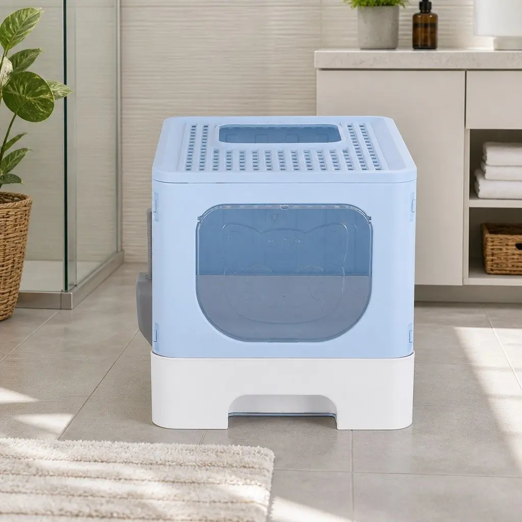 Cat Litter Box Enclosed Plastic Large Blue Hooded Foldable Tray Kitty Toilet