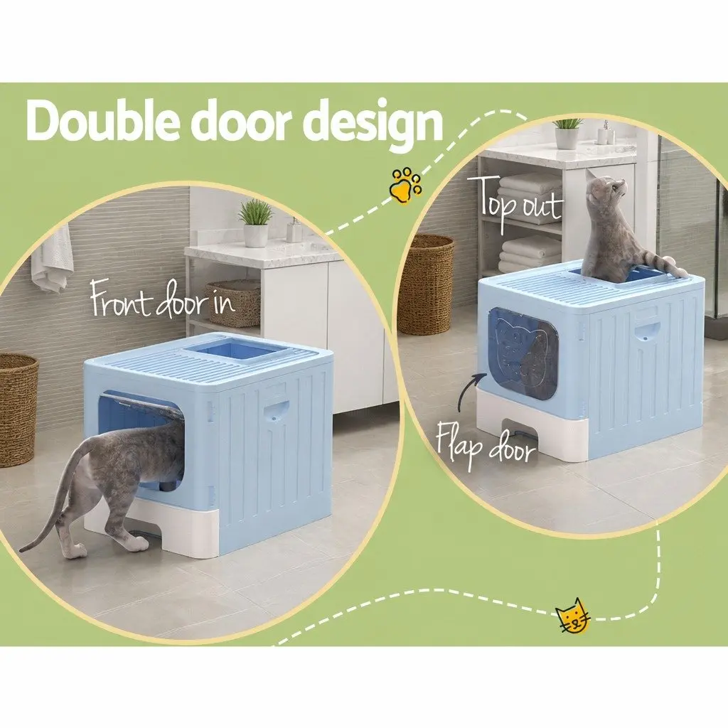 Cat Litter Box Enclosed Plastic Large Blue Hooded Foldable Tray Kitty Toilet