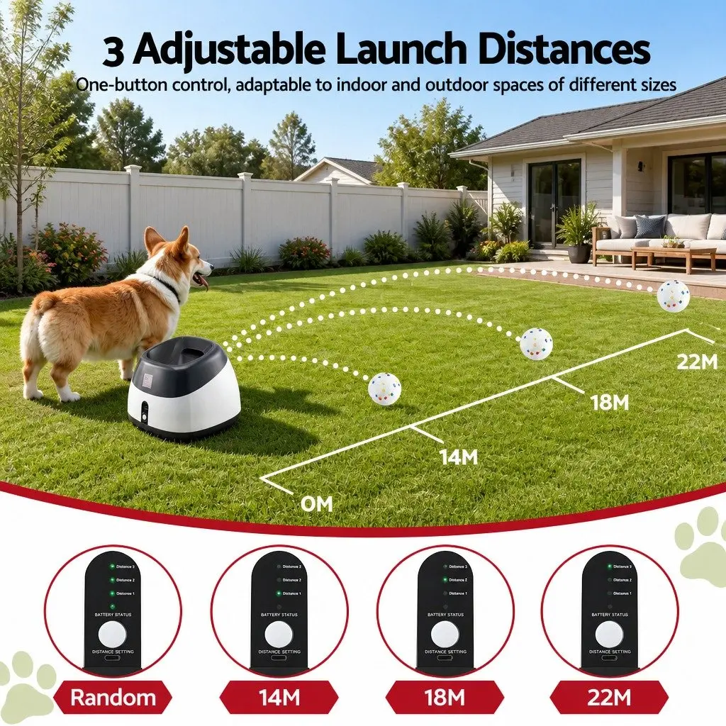 Dog Ball Launcher Automatic Interactive Toy ETPU Balls 6 Piece 14m 18m 22m White Grey